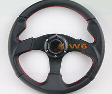 Flat Dish 350mm 6 Hole Leather Red Stitch Racing Jdm Steering Wheel Horn