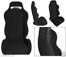 2 Black Cloth Blue Stitch Racing Seats Reclinable Sliders Pontiac New 