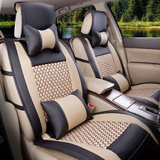 Car Seat Cover W Pillows Set Pu Leather Mesh 5-seats Frontrear Black Beige