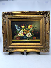 Bright Flowers On A Wooden Table Oil Painting In Wood Frame 14x15