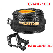 12 X 100ft Synthetic Winch Rope Line Recovery Cable W Sheath Hook Atv Utv