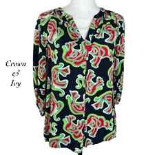 Crown Ivy Neon Green Red Abstract Elephant V Neck Tunic Blouse Size Xs