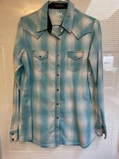 Wrangler Rock 47 Shirt Womens Teal Plaid Pearl Snap Western Cowgirl Rodeo