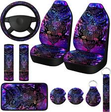 10 Pcs Purple Colorful Owl Car Seat Covers Set Car Steering Wheel Cover Front Se