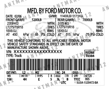 Custom Ford Decal Sticker Id Label Tire Loading Information Vin Usa 3m Sticker