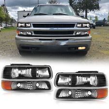 For 99-02 Chevy Silverado 00-06 Tahoe Suburban Black Headlights Bumper Lamps