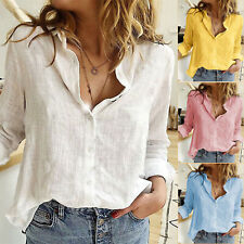 Womens Linen Cotton Shirt Button Up Tops Long Sleeve Casual Loose Blouse