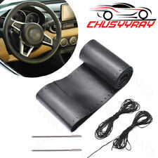 A Car Auto Diy Black Genuine Leather Steering Wheel Cover Wrap Sew-on Kit 38cm