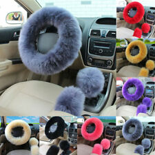 Universal 3pcs Car Plush Fuzzy Steering Wheel Cover Wool Fur Knob Shifter Brake