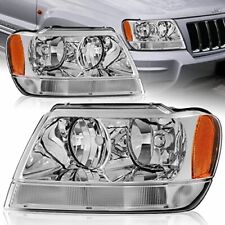 Pair Headlight Assembly For 1999-2004 Jeep Grand Cherokee Chrome Amber Reflector