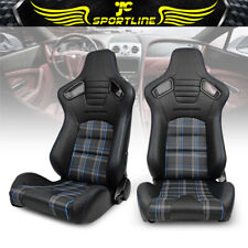 Universal Pair Reclinable Racing Seats Dual Sliders Blue Pu Carbon Leather Plaid