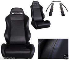 2 X Black Pvc Leather Blue Stitch Racing Seats Reclinable Sliders Pontiac 