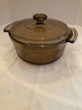 Anchor Hocking Glass Brown Cooking Pot With Lid 1 Quart Ribbed Around Bottom