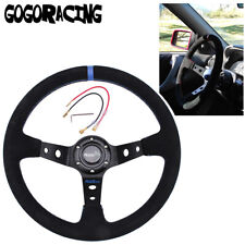 Deep Dish Suede Steering Wheel 350mm14inch - Universal - Blue Center Stripe