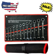 12pc Ratcheting Wrench Set Combination Spanner Tool Metric 8-19mm Rolling Pouch