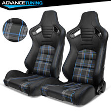 Universal Pair Of Reclinable Black Racing Seats Dual Slider Blue Stitching