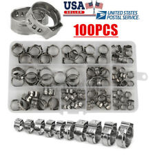 100pcs Assorted Hose Clamps Stainless Steel Ear Cinch Rings Crimp Pinch Kit