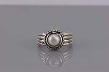 Sterling Silver White Pearl Button Cable Trim Ribbed Band Ring 925 Sz 7