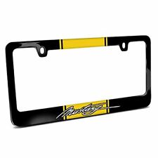 Ford Mustang Script Yellow Racing Stripe Black Metal License Plate Frame