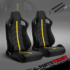 2 Black Pvc Suede And Yellow Line Leftright Racing Bucket Seats Slider Pair