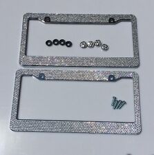 2pc Silver Diamond Bling Rhinestone Metal License Plate Frame Cover For Any Car