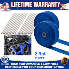 2 Roll 2x50ft Blue Exhaust Wrap Manifold Header Pipe Heat Wrap Tape20 Ties Kit