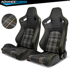 Universal Pair Of Reclinable Black Racing Seats Dual Slider Yellow Stitching