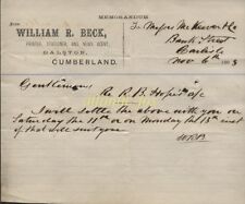 1892 Dalston Cumberland William R. Beck Printer Stationer Memo. Re Robt B Hope