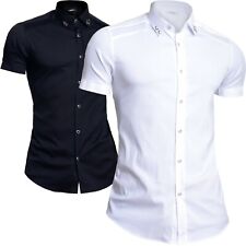 Mondo Mens Short Sleeve Shirt Cotton Ribbed Chest Collar Rings Slim White Black