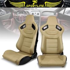 Universal Pair Reclinable Racing Seats Dual Sliders Beige Pu Carbon Leather