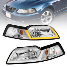 Pair Chrome Headlights Assembly W Led Drl Tubes For 1999-2004 Ford Mustang