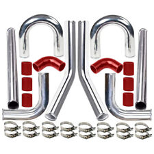 Red 2.5 63mm Brushed Aluminum Intercooler Pipe Kit Red Hose Clamp Universal