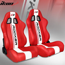 Universal Pair Reclinable Racing Seats Dual Sliders Red Pu Leather White Stripe