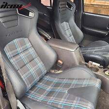 Universal Reclinable Racing Seat 2pc Dual Slider Pu Carbon Leather Blue Plaid